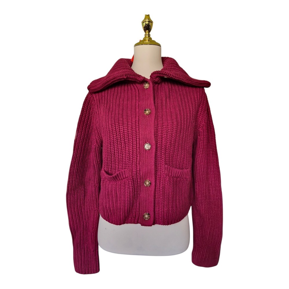 Olivaceous Chunky Knit Cardigan Sweater Large Burgandy Cotton New